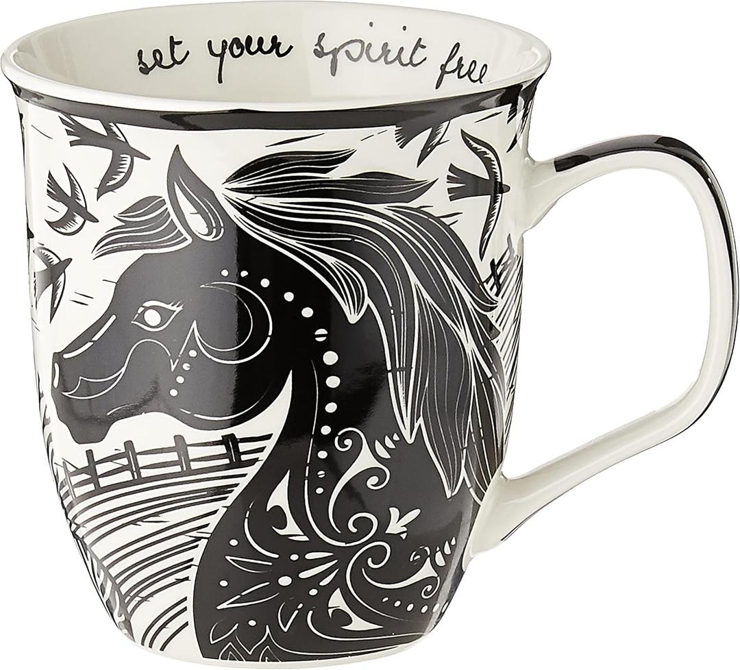 Karma Gifts 16 oz Black and White Boho Mug Horse - Cute Coffee and Tea Mug - Ceramic Coffee Mugs for Women and Men