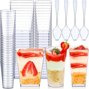 Zhehao 300 Packs 3 oz 5.6 oz Mini Dessert Cups with Spoons Plastic Parfait Appetizer Shooter Yogurt Cups Disposable Clear Square Dessert Serving Containers(Simple Style,Clear)