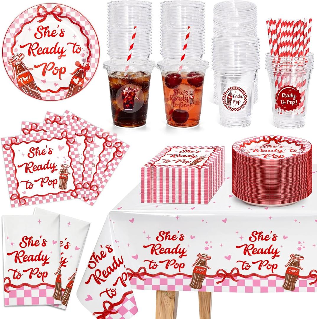 48 Sets Shes Ready to Pop Baby Shower Decorations, Retro Soda Decor include 16 oz Disposable Cups with Lid Straws Plates Napkins Tablecloths for Gender Reveal Pregnancy Newborn Party Supplies