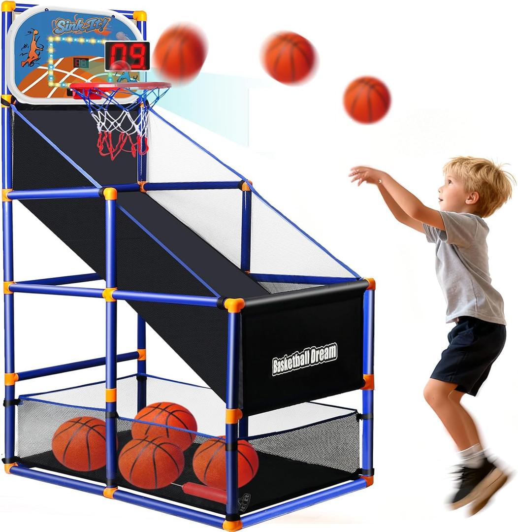 LED Arcade Basketball Game Set w/Electronic Scoreboard for Kids, Boy Toys Basketball Hoop with 4-5 Balls for 3-12 Years Old, Adjustable Height w/Pump & Storage Net for Indoor Outdoor Sports Play