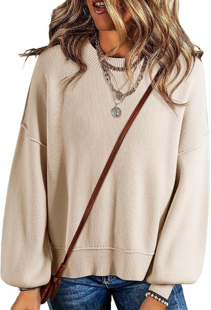 Dokotoo Women's Sweaters Colorblock Crewneck Cotton Long Sleeve Fall Winter Knit Pullover Jumper Tops (Beige, XXL)