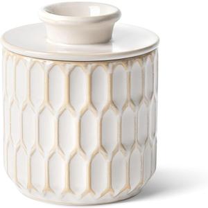 Butter Crock for Counter with Water Line and lid, Ceramic Butter Keeper for Spreadable Soft Butter, Container Holder for Kitchen and Home Decor, Beige