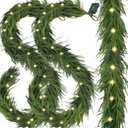 2 PCS Pre-Lit Christmas Garland Decorations,9 FT Faux Led Norfolk Pine Garland Artificial Realistic, Real Touch Greenery Christmas Pine Garland for Mantle Table Front Door Indoor Outdoor Holiday Decor