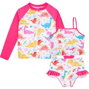 Funnycokid Girls Swimsuit Kids Bathing Suit Rashguard Swimwear Long Sleeve 3 Piece Toddler, 4Y (3-4T)