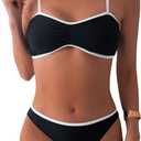 SOLY HUX Women's Two Piece Bathing Suit Contrast Binding Ruched Bikini Sets Swimsuit (Medium, Black and White)