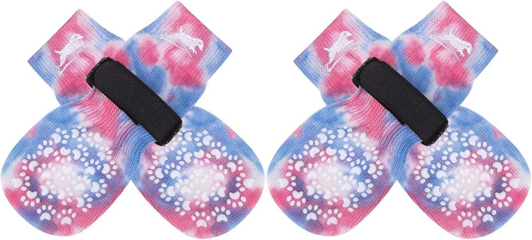 EXPAWLORER Anti Slip Dog Socks to Prevent Licking Paws, Dog Shoes for Hot Pavement, Dog Booties for Small Medium Large Senior Dogs, Traction Control Boots & Paw Protectors for Hardwood Floors (Large (4 Count), Blue and Pink)