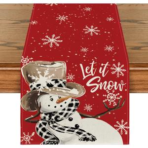 Artoid Mode Red Snowman Snowflake Let it Snow Winter Table Runner, Seasonal Christmas Kitchen Dining Table Decoration for Home Party Decor 13x72 Inch