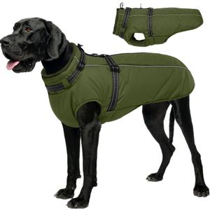 Lelepet Dog Coat for Large Dogs Waterproof Dog Jacket with Harness Built in Reflective Fleece Jacket with Zip Cold Weather Coats for Dogs Cozy Thermal Pet Snowsuit, Weimaraner, Army Green, XXL