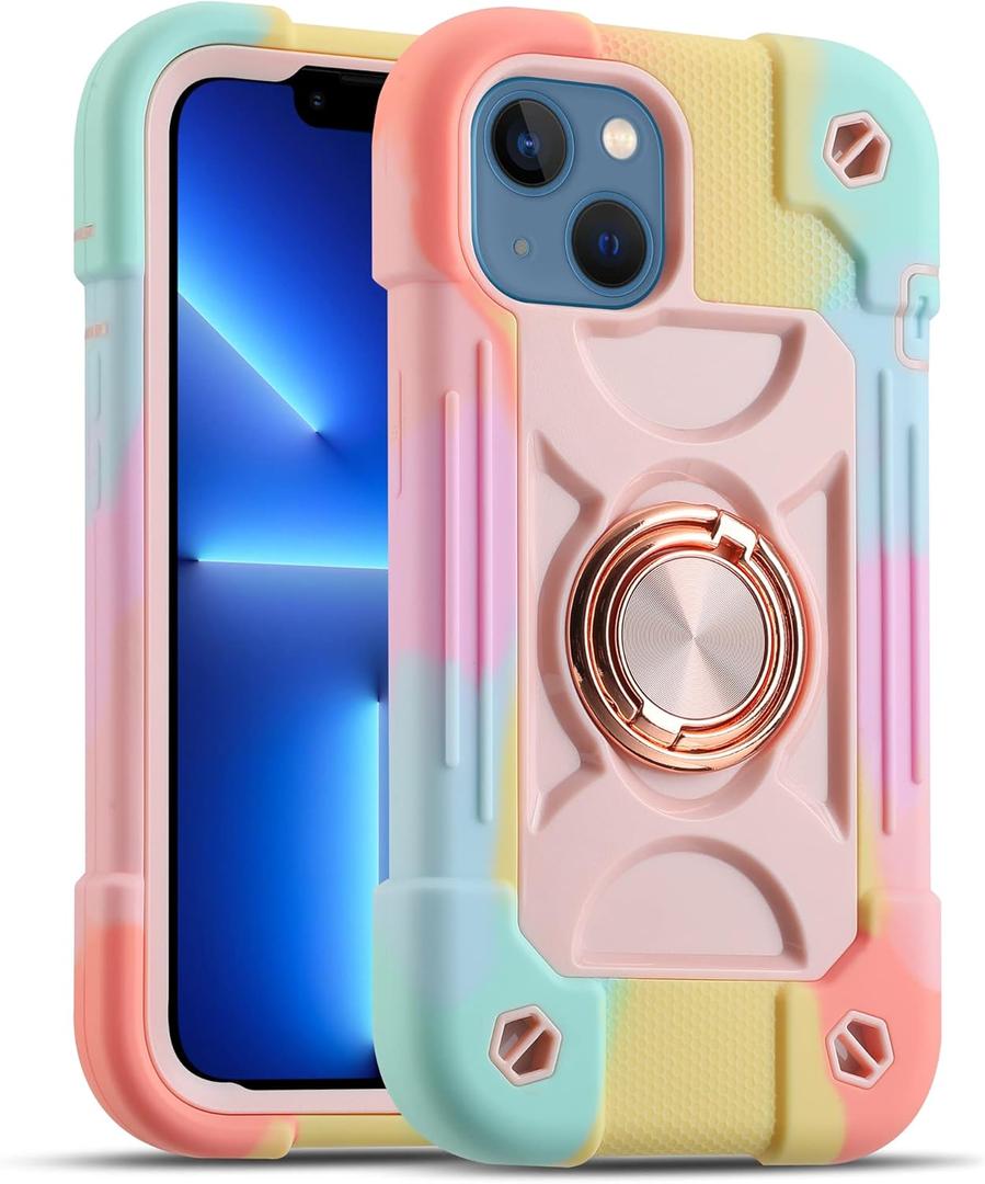 MARKILL Compatible with iPhone 14 Case/iPhone 13 Case 6.1 Inch with Built-in 360Rotating Ring Stand, Military Grade Drop Protection Full Body Rugged Heavy Duty Durable Cover. (Rainbow Pink)