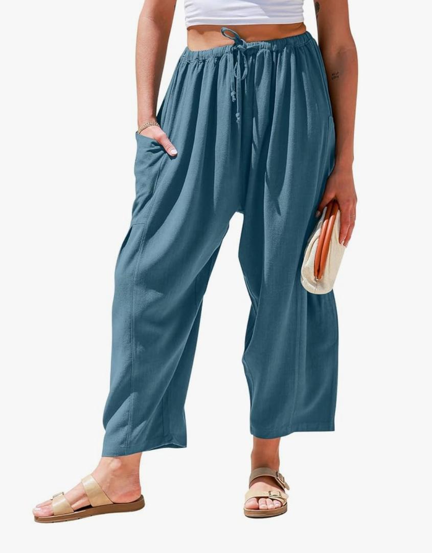 TARSE Women's Linen Wide Leg Pants Casual Loose Drawstring Summer Beach Travel Vacation Palazzo Harem Pants with Pockets. M