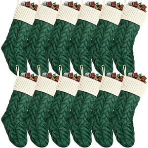 Vinsot 12 Set Christmas Stockings Christmas Cable Knitted Stockings Decoration for Fireplace Xmas Family Holiday Party(Dark Green, Ivory, 18 Inch)