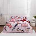 Aimuan Fashion Girl Comforter Sets Cosmetic Perfume Bag Lipstick Diva Pink Quilt Set Nail Polish Pattern Decorative Quilted 6 Pcs Makeup Bedding Set with 2 Pillowcases (Pink, Full 6Pcs)