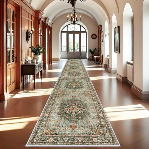Washable Oriental Hallway Runner Rug - 3x20 Rugs for Living Room Soft Carpet for Bedroom Kitchen Waterproof Floral Distressed Indoor Stain Resistant Non-Shedding Floor Carpets (Green, 3X20)