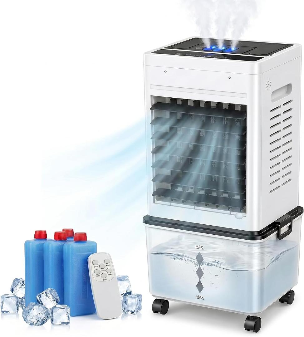 Swamp Cooler, 4-in-1 Portable Air Conditioners with 6 Speeds & Remote, Evaporative Swamp Cooler with Night Light, 24H Timer, 2.64 Gal (10L) Detachable Water Tank for Bedroom Office