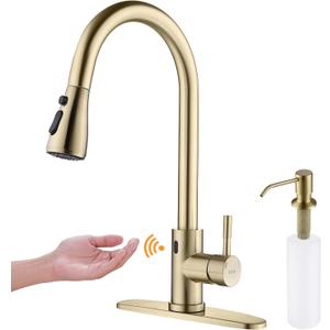 Touchless Faucet with Pull Down Sprayer, Motion Sensor & Soap Dispenser - Single High Arc Pull Out Faucet for Kitchen Sink, RV, Gold