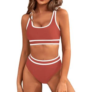 BMJL Women's High Waisted Bikini Sets Sporty Two Piece Swimsuits Color Block Cheeky High Cut Bathing Suits (Large)