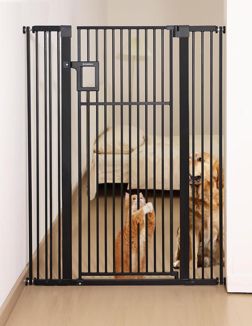 No Pawblems Upgraded 55" Extra Tall Pet Gate for Cat, 29-43" Auto Close Cat Gate for Doorways/Stairs/Hallways, NO Drilling Pressure Mounted Tall Dog Gate Indoor, 1.37" Pet-Safe Gap, Black