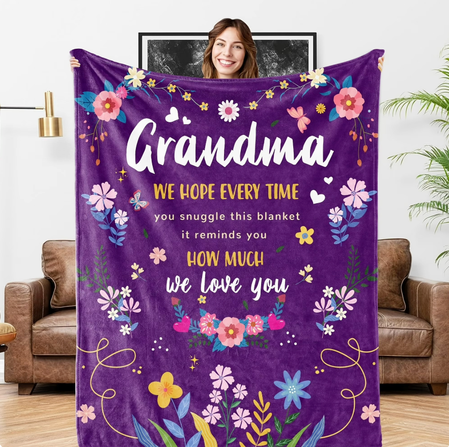 Cozy Grandma Flannel Blanket Contemporary Style All-Season Multipurpose Knitted Throw with Character Theme Machine Washable 200-250gsm Perfect Gift for Grandmother, 50" x 60"