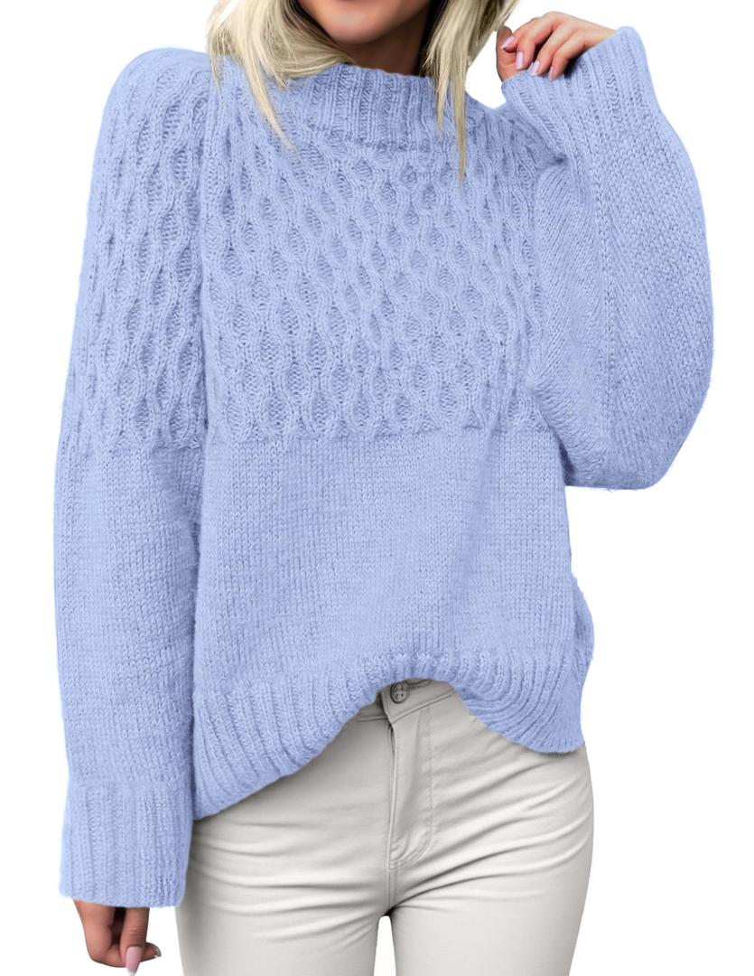 PRETTYGARDEN Oversized Sweaters for Women 2025 Fall Cute Cable Knit Long Sleeve Crewneck Chunky Pullover Tops Winter Clothing (Light Blue,Small) (Blue, S)