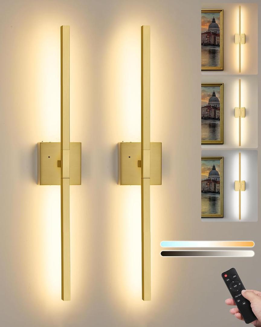 Rayogale 32 Inch Rechargeable Wall Sconce with Remote, 8000mAh 3000K/4500K/6000K Dimmable Battery Operated Wall Sconce, 360 Rotation Cordless Sconces Wall Decor Set of 2 for Living Room Gold