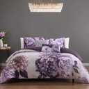 Bebejan Plum Petal 5 Piece Comforter Set, 100% Cotton Sateen, 220 Thread Count, Purple Floral Reversible Bedding Comforter Set, 1 Comforter, 2 Shams & 2 Pillows (Full/Queen)