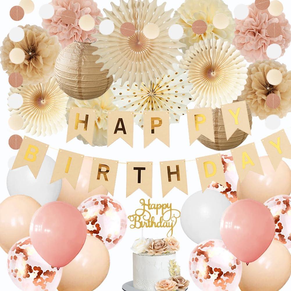 Champagne Pink Birthday Decorations for Women Girls Beige and Dusty Pink Boho Birthday Decorations Neutral Blush Dusty Pink Balloons Happy Birthday Banner Tissue Paper Pom Poms Fans Lanterns