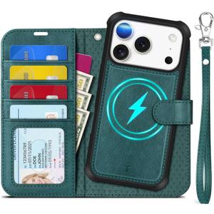 TUCCH Removable Case Wallet for iPhone 17 Pro (6.3") 2025, Detachable Wrist Strap, Wireless Charging, Stand, 4 Card Slots RFID Blocking, 2-in-1 Magnetic, PU Leather Shockproof Cover, Teal Blue