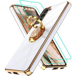 Gritup for Samsung Galaxy S21 Case: with 2Pcs Screen Protector, 360 Rotation Ring Holder Magnetic Kickstand Plating Gold Edge Soft TPU Shockproof Protective Cover for S21, White
