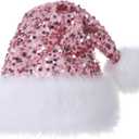 Personalized Sequin Santa Hat for Adults, Red Glitter Christmas Party Hat, Xmas Halloween New Year Holiday Headwear (Light Pink)
