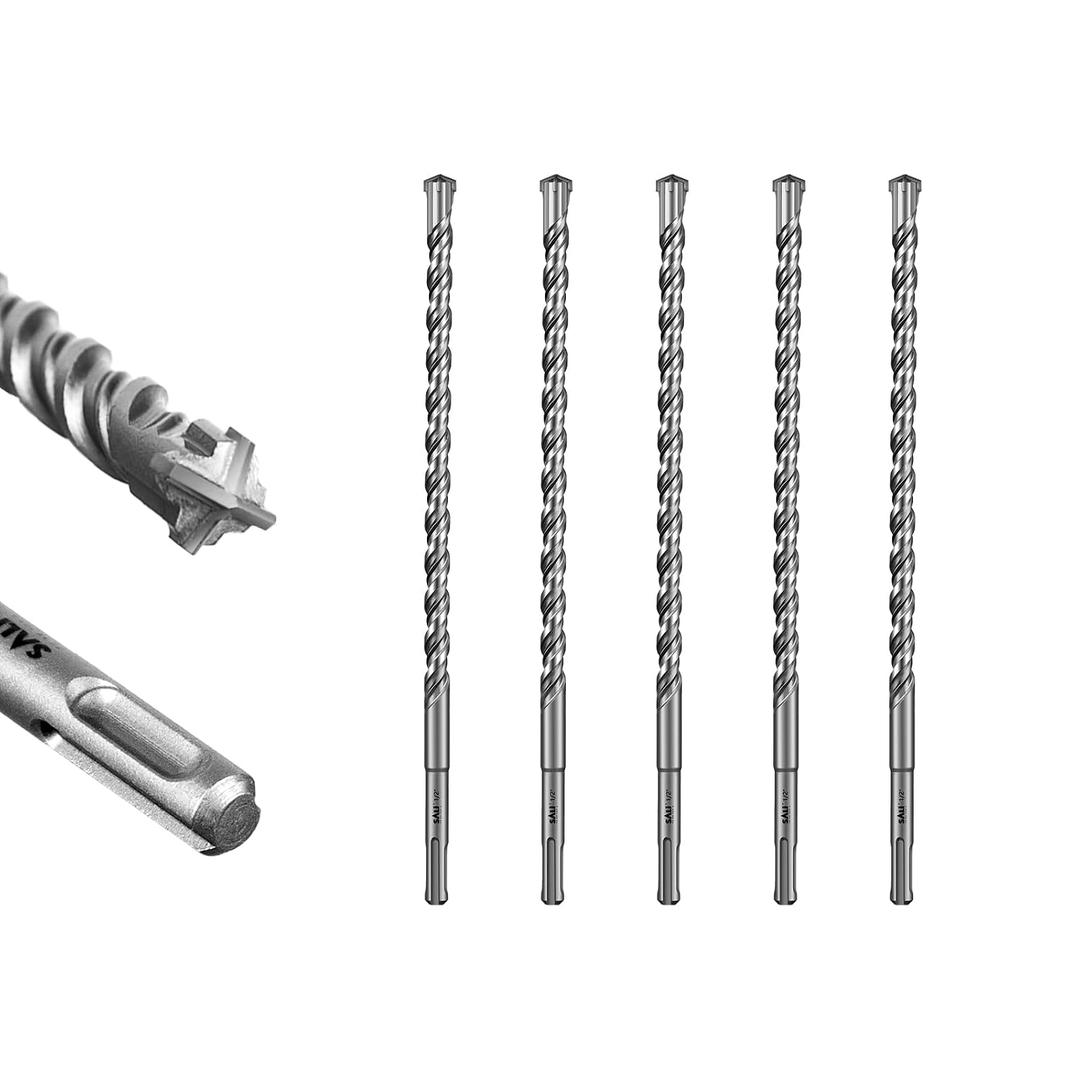 SALI 5PCS 1/2"*18" SDS Plus Rotary Hammer Drill Bit Concrete Drill Bit Kit Cross-Type Double Thread Carbide Material Suitable for Concrete, Brick, Cement Walls, Stone, Hammer Drill Bits for Concrete