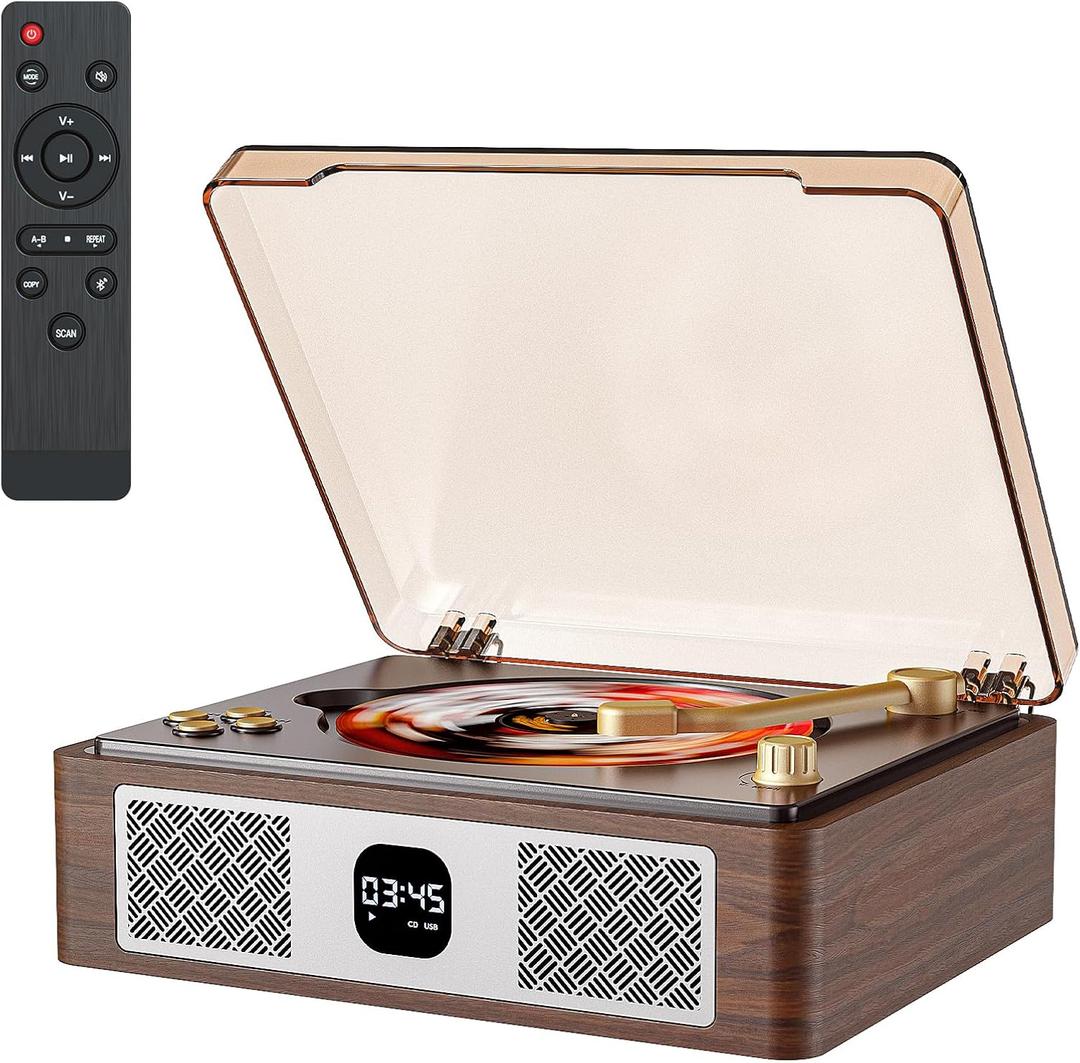 CARONSORT Retro Cd Player Can Rip to USB,Nostalgic Bluetooth CD Player for Home,Built-in Speakers with LCD Screen,Supports Coaxial/3.5mm/FM Radio with Remote Control-Wired Walnut Brown