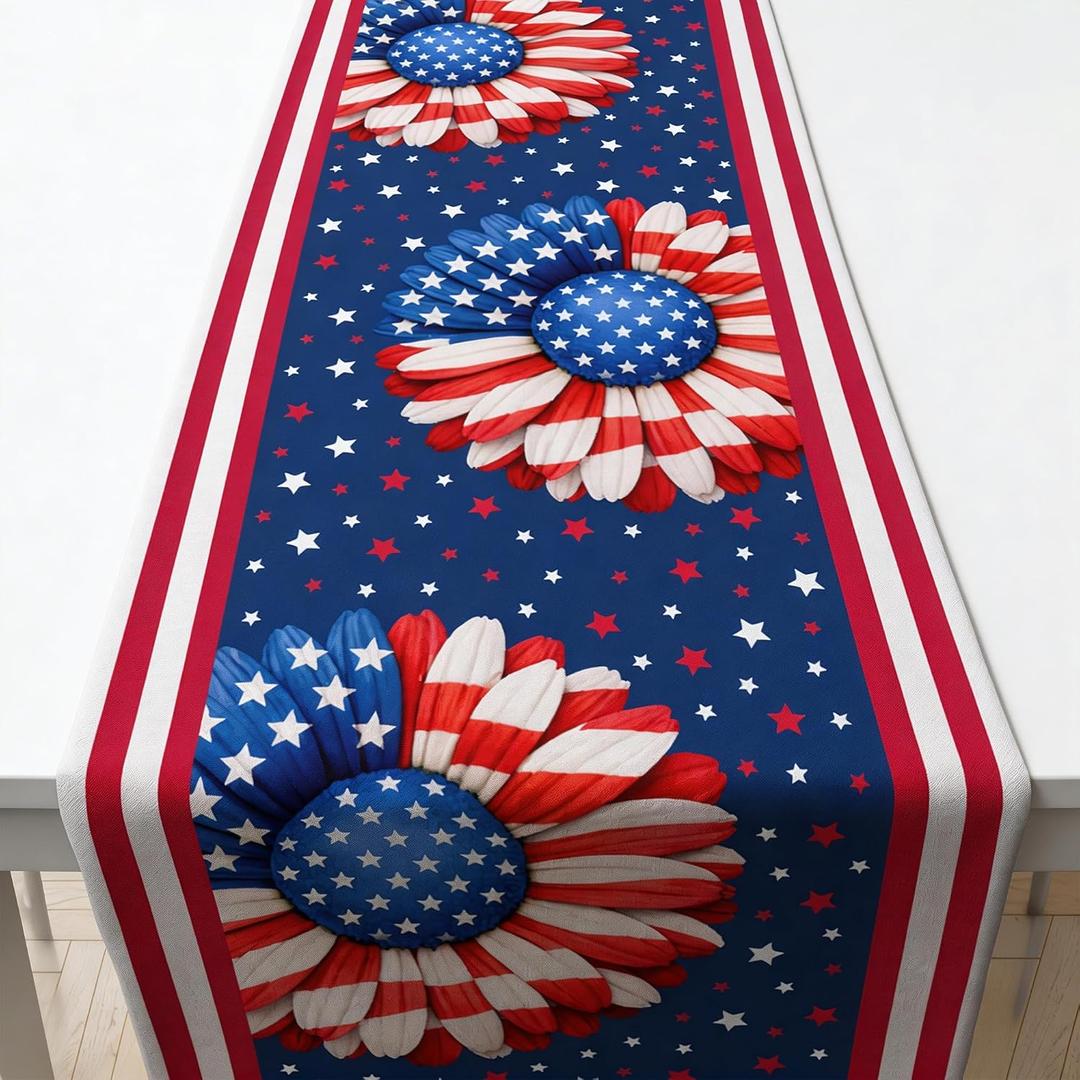 4th of July Decorations - USA Stars Floral Table Runner | Patriotic Decorations for Fourth of July - 250th Anniversary Decor Accessories Party Supplies Favors Indoor Outdoor Home