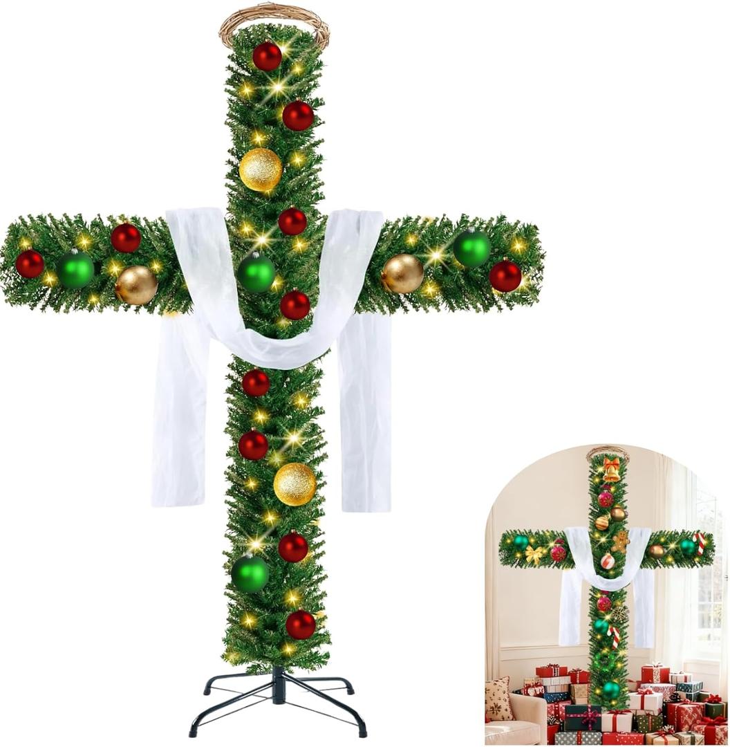 Large 6ft Cross Christmas Tree with Lights and Hanging BallsIncluded White Silk Scarf & Crown of Thorns Jesus Christian Ornaments for Christmas Easter Outdoor Home Decor