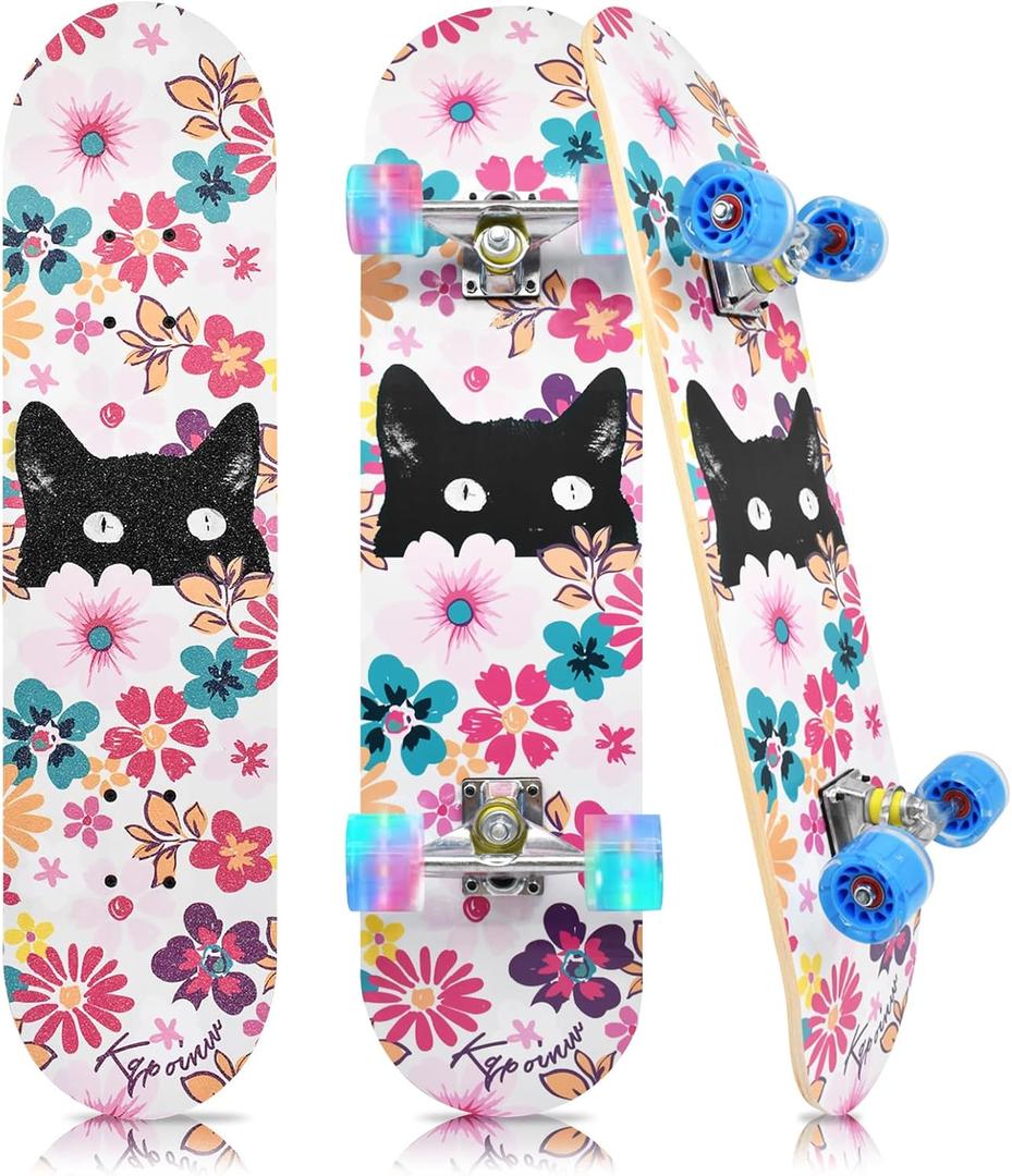 Standard Skateboards with Colorful Flashing Wheels for Beginners, Kids,Teens, 7 Layer Maple Complete Skateboard for Girls Boys, 31" x 7.8" Double Kick Concave Kids skateboard with Skate T-Tool