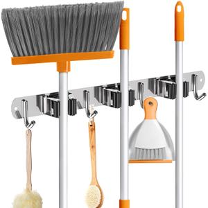 ZONGOOL Mop Broom Holder Wall Mount, Broom Organizer Mop and Broom Storage Tool Racks Stainless Steel Wall Hanger for Home Kitchen Garden Laundry Garage (3 Racks with 4 Hooks, Silver)