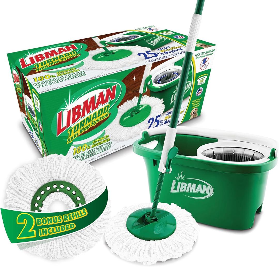 Libman Tornado Spin Mop System with 2 Refill Heads, Microfiber Spinning Mop and Bucket with Wringer Set for Home, Floor Cleaning of Hard-Wood, Laminate, Tile, All Surface Cleaner, 3 Total Mop Heads