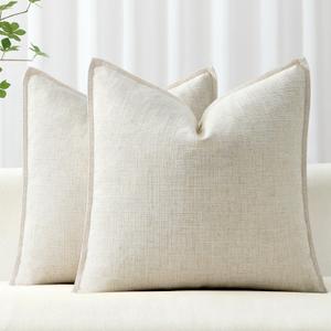 MIULEE Decorative Pillow Covers 16x16, 2 Pack Boho Farmhouse Neutral Throw Pillows for Couch, Thick Textured Modern Linen Cushion Cases Sofa Bed Living Room Home Decor, Cream White