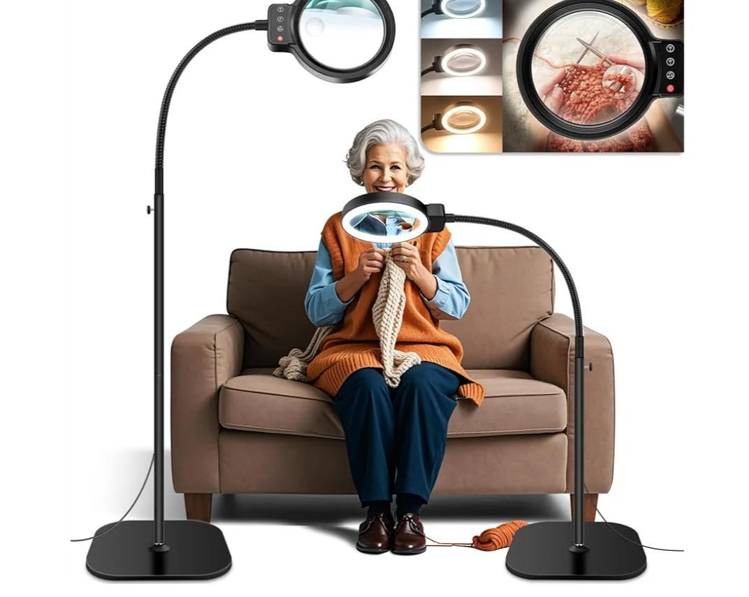 30X 10X Large Floor Magnifying Glass with Light and Stand,72 LED Flexible Gooseneck Floor Magnifying Lamp,2 in 1 Lighted Magnifiers for Close Work, Sewing,Crafts,Hobbies（Black）