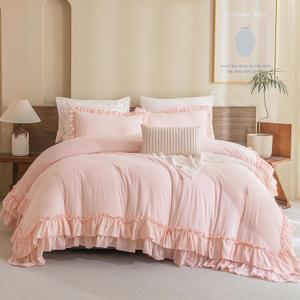 Masaca Blush Ruffle Comforter Full Size,3 Pieces Farmhouse Shabby Boho Chic Bedding Sets Full,Women Girls Bedroom Vintage Rustic Bedding Comforter Set All Season