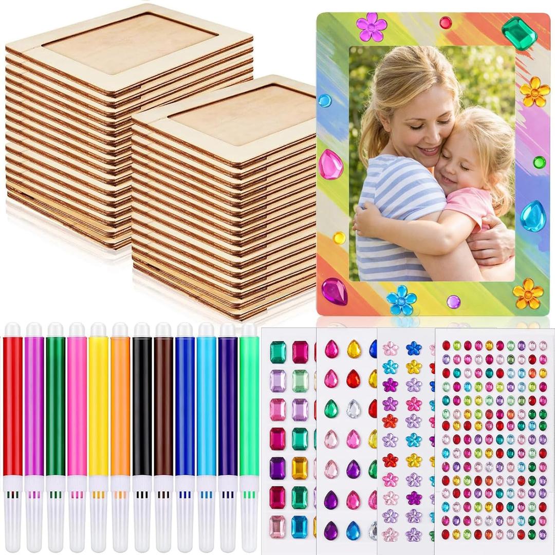 Zonon 32 Pieces Picture Frame Painting Craft Kit Wooden Picture Frames for 4 x 6 Photo with 12 Painting Color Pens, 4 Diamond Sticker Sheets for Mother's Day & Graduation Home for DIY Craft