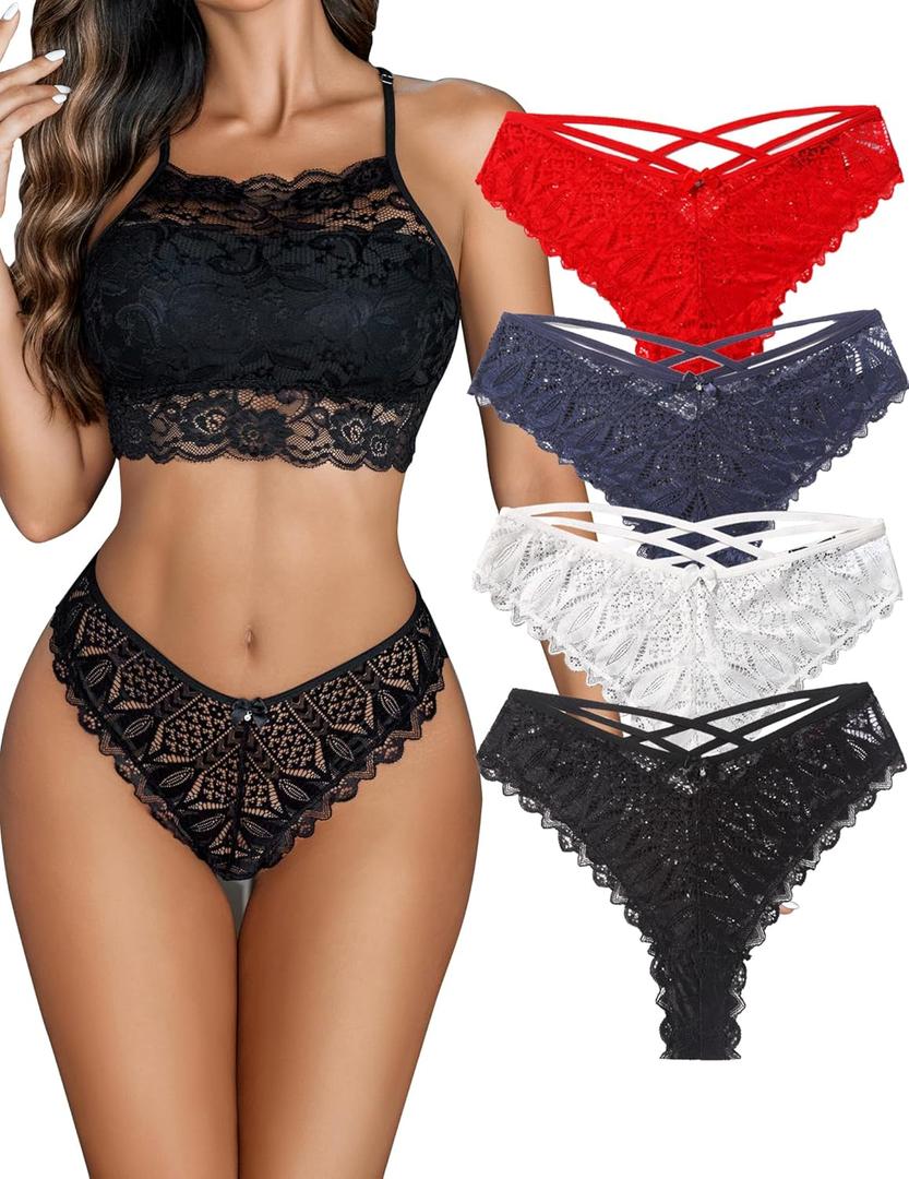 Avidlove Womens Underwear Lace Cheeky Panties Criss Cross Back Bikini Thongs Sexy Undies (Large, Black/White/Red/Dark Blue)