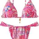 RoseSeek Women's 2 Piece Floral Tropical Print Bikini Set Boho Triangle Bathing Suit Tie Backless Swimsuit Sets, Medium