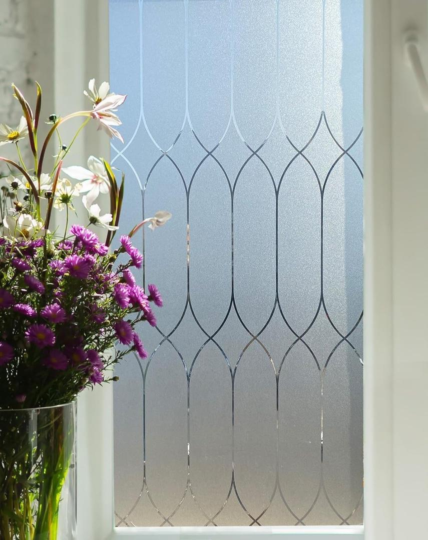 Privacy Window Film Decoration, Heat Control Window Tint for Home, Static Cling Glass Door Coverings Window Sticker Removable Non-Adhesive UV Blocking, Frosted Film w/Clear Morocco Lines, 35.4"x78.7"