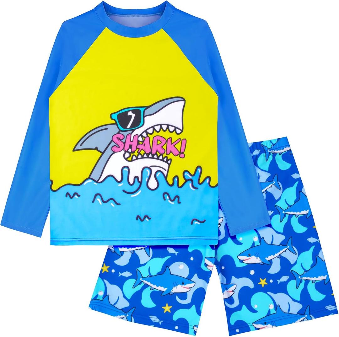 Boys Swimsuit Rash Guard Boys' Swimwear Dinosaur Swimming Suits Bathing Suit for Toddler Boys Swim Trunk (4-5T, Yellow+blue Shark)