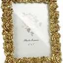 Cuspin 5x7 Picture Frame Vintage Gold Frames, Gold Ornate Rose Flower Resin Photo Frame with Glass Front for Wall Hanging or Tabletop Display, Elegant Home Decor