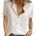 Jyanl Womens Button Down Shirts Cotton Summer Tops V Neck Short Sleeve Shirt Collared Blouse Casual Linen Textured Plain Tshirt Work Tops White, Size: L