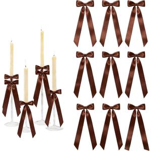 12 Pcs 13.5 Inch Giant Satin Ribbon Bows Bulk Self-Adhesive Pre-Made Bows for Christmas Wedding Baby Shower Party Decor Table Centerpieces Candle Holders Gift Wrapping(Brown)