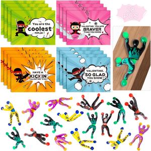 28 Packs Valentines Day Gifts Cards for Kids with Sticky Wall Climbing Men Ninja Set,Stress Relief Tricky Toys Wall Climbers for Kids Party Favor, Classroom Exchange Prizes, Valentine Greeting Cards
