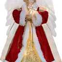 Cyraft Angel Tree Topper with Moving Wings, 12Inch Red Cloth Lighted Christmas Tree Topper Holding a Star, Both Plug in and Battery Operated, Long Cord, Moving Treetopper