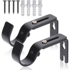 Premium Curtain Rod Brackets for Wall - Adjustable Hooks, Iron Holders for 1 Inch Rod - Black (2 PCS)